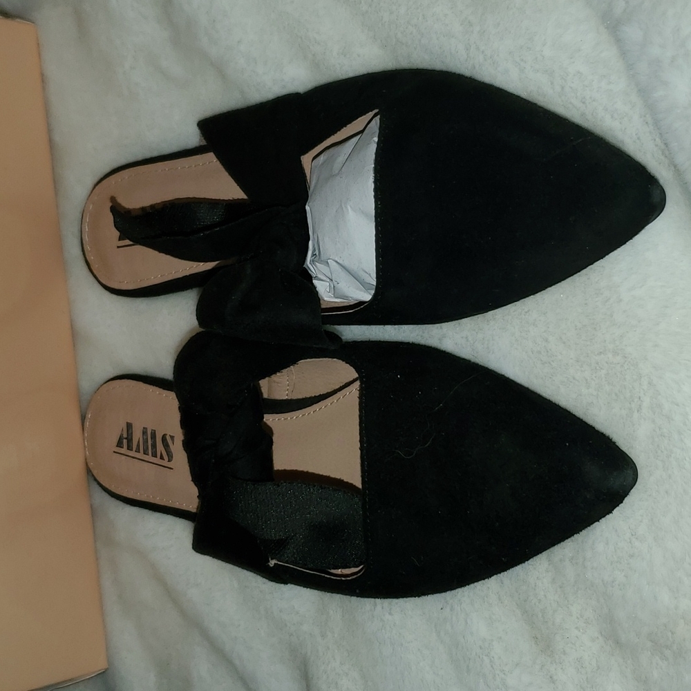 Black suede bow tie slip on flat